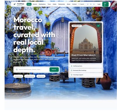FreeWings travel platform homepage with destination discovery and booking