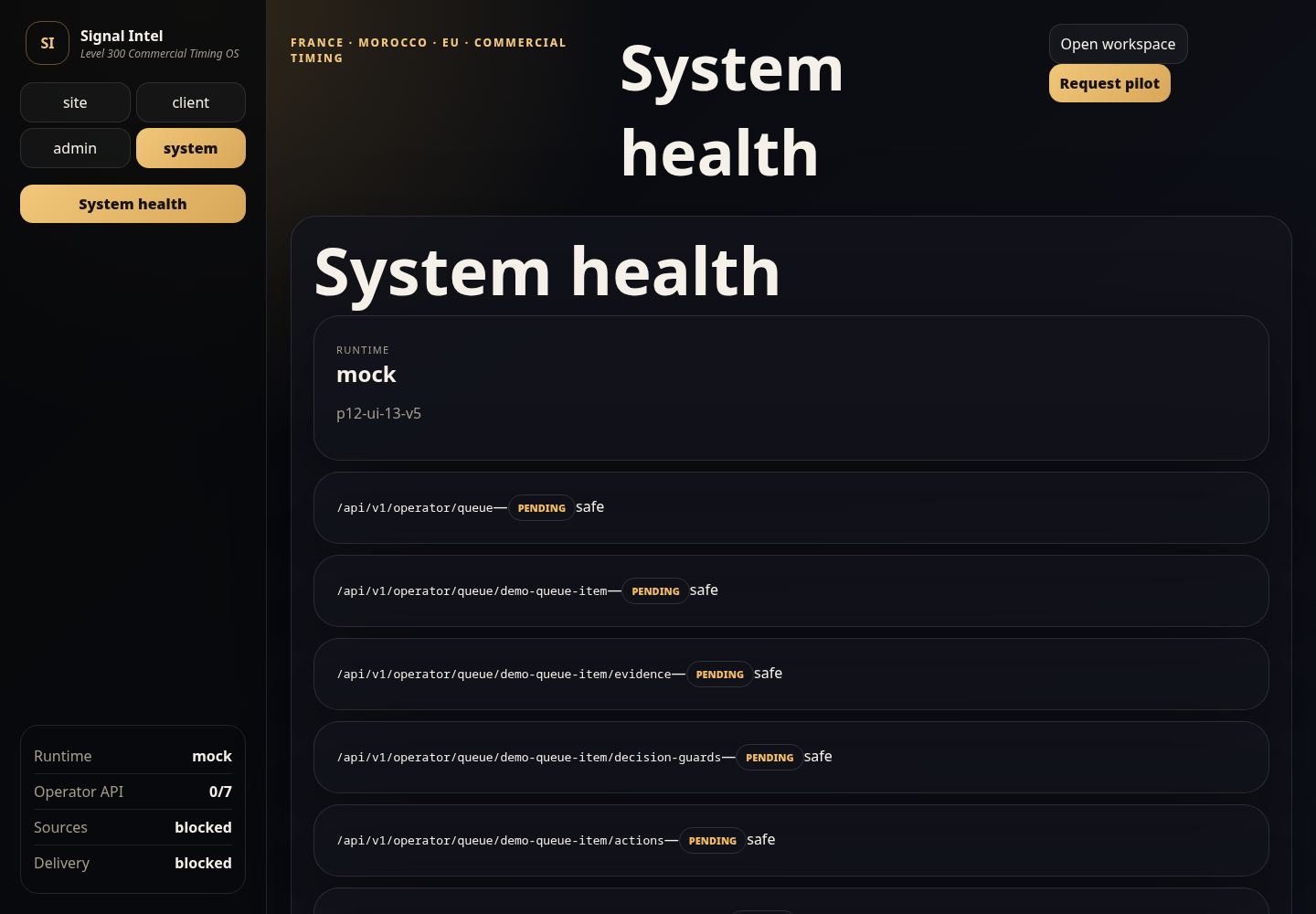 System-health view explicitly showing mock mode and blocked dependencies.